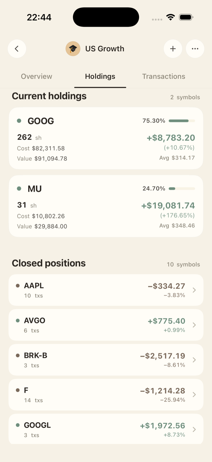 Sennaby app — holdings screen