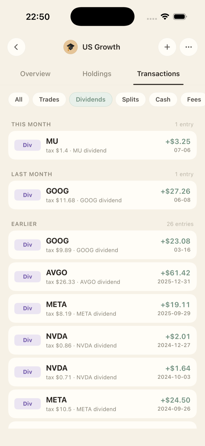 Sennaby app — dividend history screen